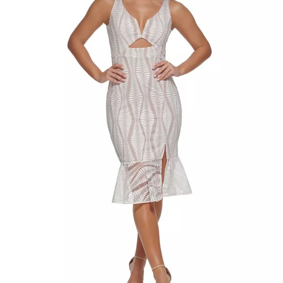 NWT GUESS Embroidered Mesh Sleeveless Sheath Dress Nude White Sz 2 - Picture 15 of 15